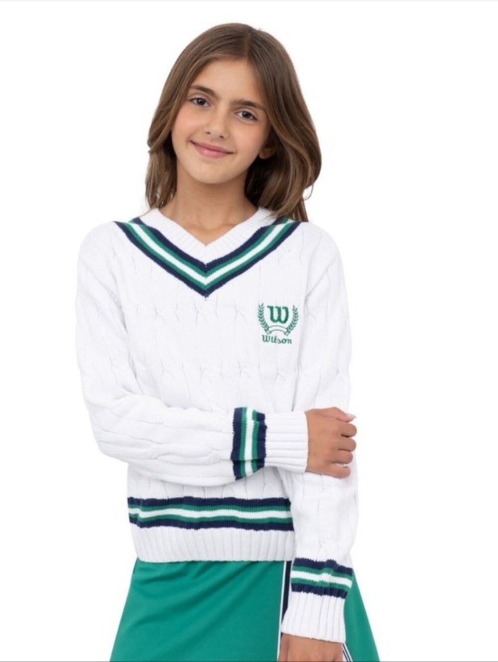 NWT Wilson White Cable-Knit V-Neck Sweater | Preppy Tenniscore Varsity